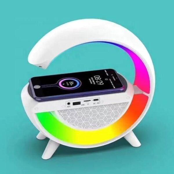 RGB WIRELESS CHARGER AND NIGHT LIGHT, ALARM, CLOCK SPEAKER AND DESLAMP WORK WITH IPHONE , ANDROID , USEDUL IN HOME DECORATION, BEDROOM AND GAMING ROOM