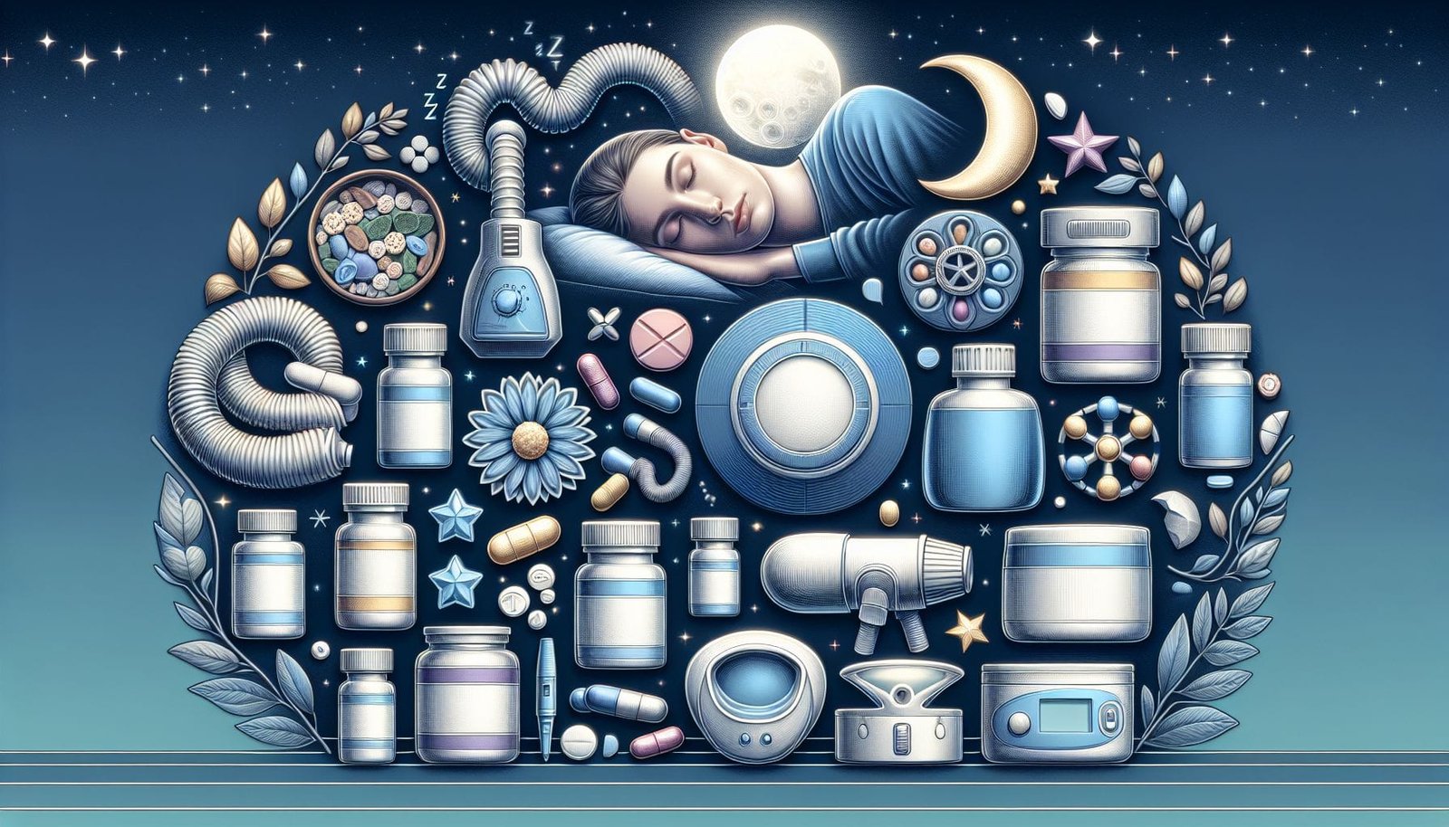 An illustration showing various types of sleep aids, including pills, herbal supplements, and sleep masks.